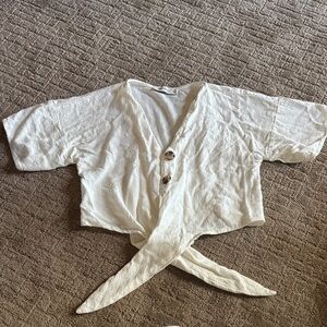 White Button-Up Tie-Front Shirt Crop Top